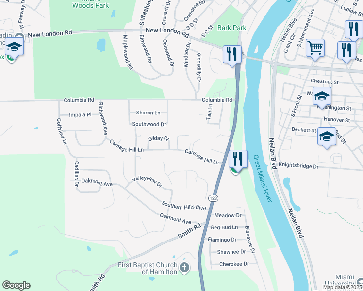 map of restaurants, bars, coffee shops, grocery stores, and more near 1362 Carriage Hill Lane in Hamilton