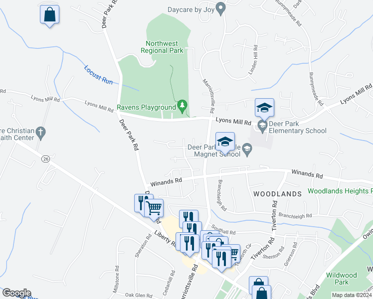 map of restaurants, bars, coffee shops, grocery stores, and more near 9931 Shoshone Way in Randallstown