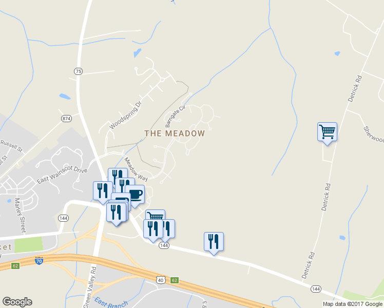 map of restaurants, bars, coffee shops, grocery stores, and more near 5651 Vineyard Court in New Market