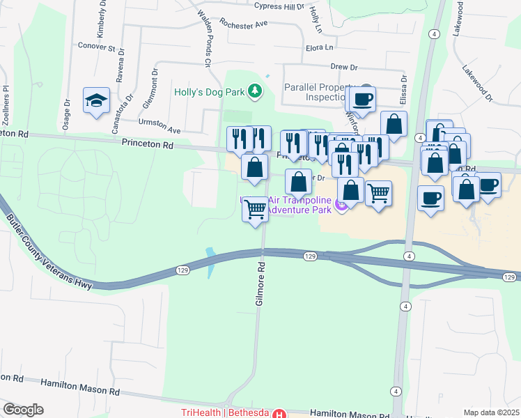 map of restaurants, bars, coffee shops, grocery stores, and more near 6711 Gilmore Road in Hamilton
