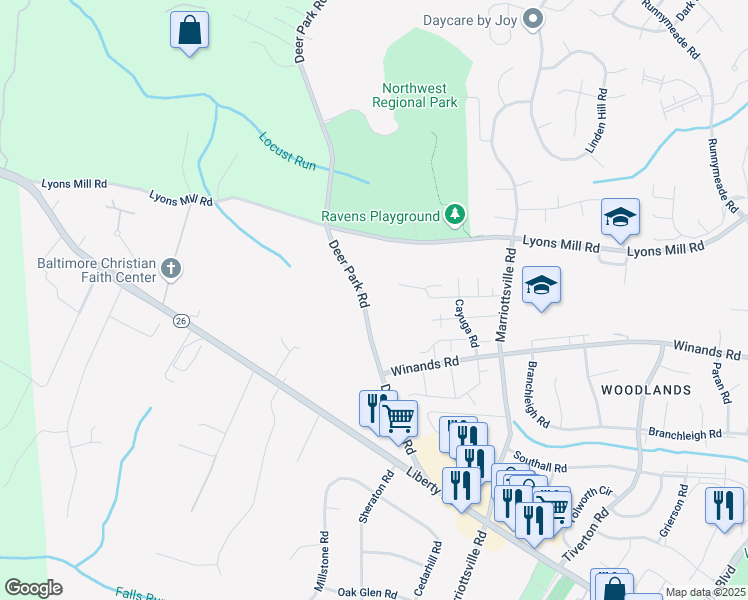 map of restaurants, bars, coffee shops, grocery stores, and more near 4301 Deer Park Road in Randallstown