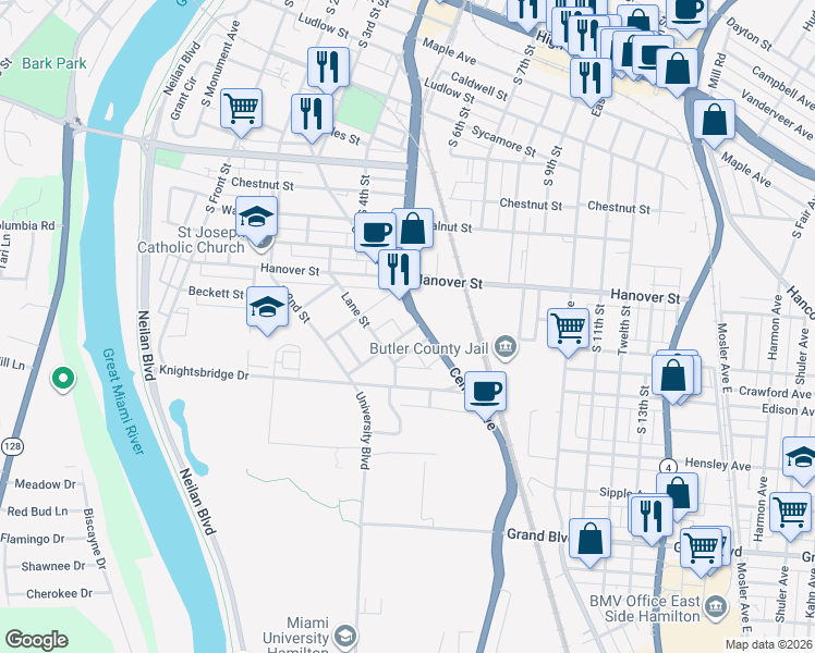 map of restaurants, bars, coffee shops, grocery stores, and more near 436 Long Street in Hamilton