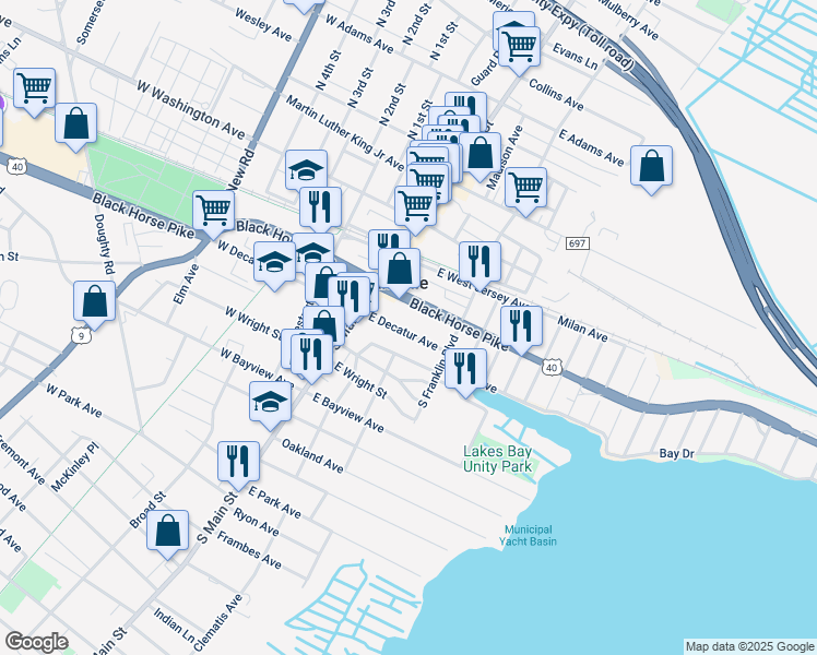 map of restaurants, bars, coffee shops, grocery stores, and more near 32 East Decatur Avenue in Pleasantville