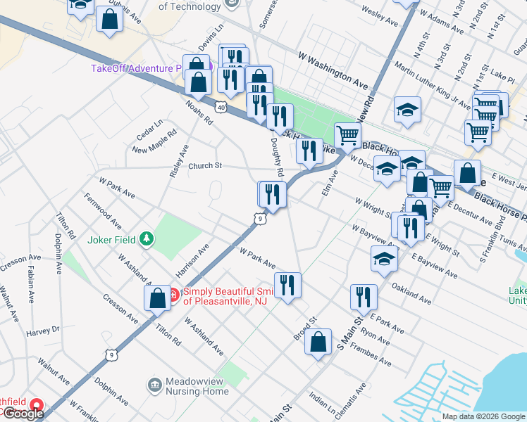 map of restaurants, bars, coffee shops, grocery stores, and more near 600 South New Road in Pleasantville