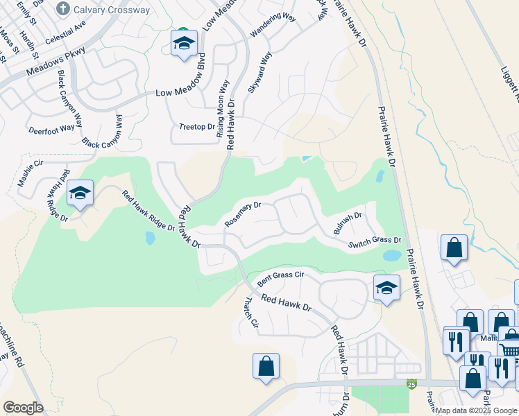 map of restaurants, bars, coffee shops, grocery stores, and more near 1626 Rosemary Drive in Castle Rock