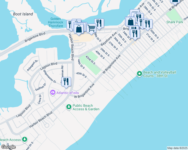 map of restaurants, bars, coffee shops, grocery stores, and more near 142 44th Street in Brigantine