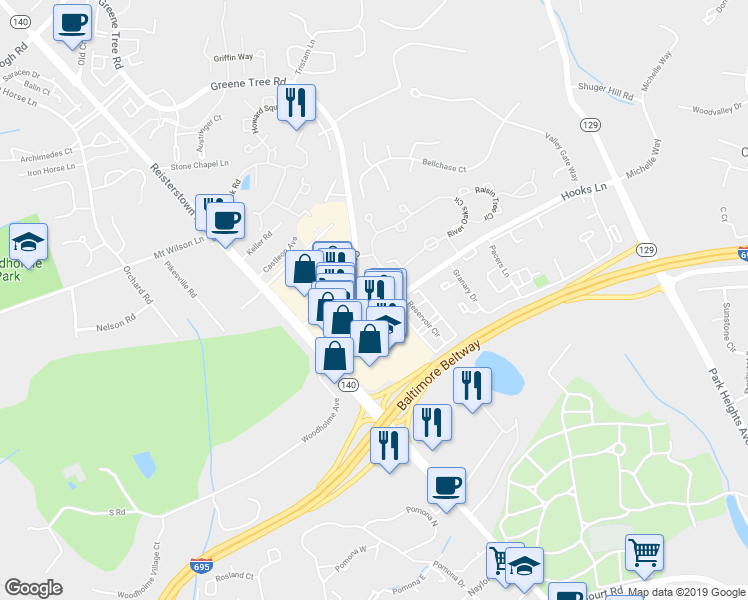 map of restaurants, bars, coffee shops, grocery stores, and more near 8 Old Crown Court in Pikesville