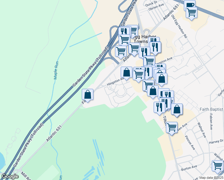 map of restaurants, bars, coffee shops, grocery stores, and more near 367 Heather Croft in Egg Harbor Township