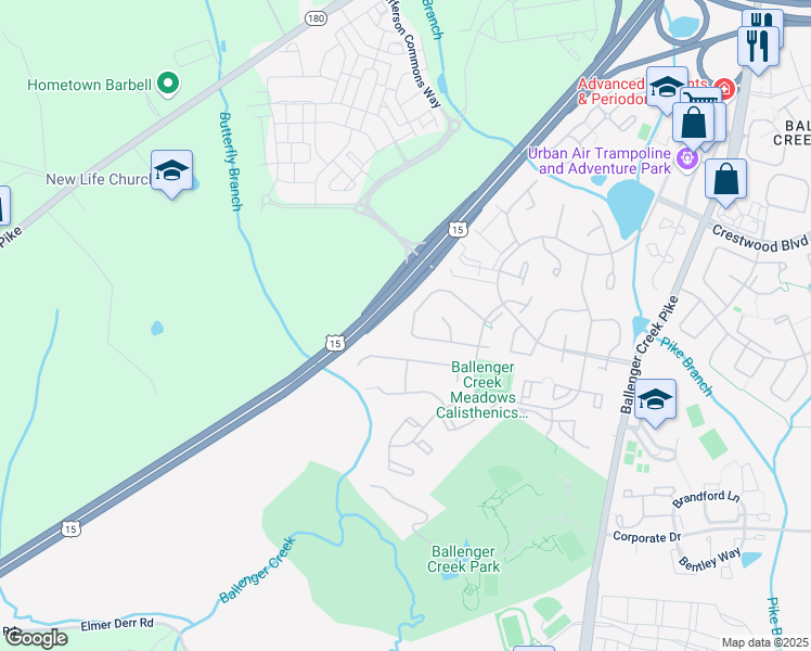map of restaurants, bars, coffee shops, grocery stores, and more near 6239 Derby Drive in Frederick