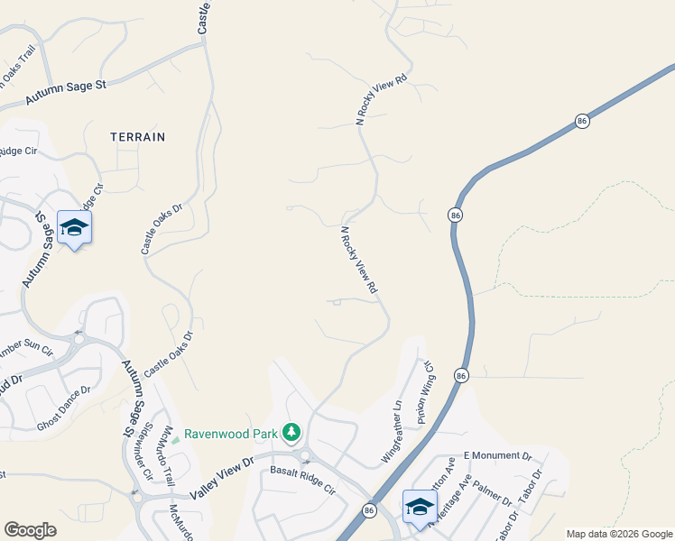 map of restaurants, bars, coffee shops, grocery stores, and more near 1705 North Rocky View Road in Castle Rock