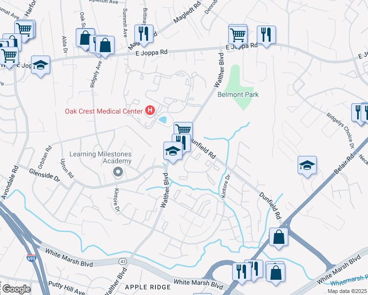 map of restaurants, bars, coffee shops, grocery stores, and more near 8635 Walther Boulevard in Nottingham