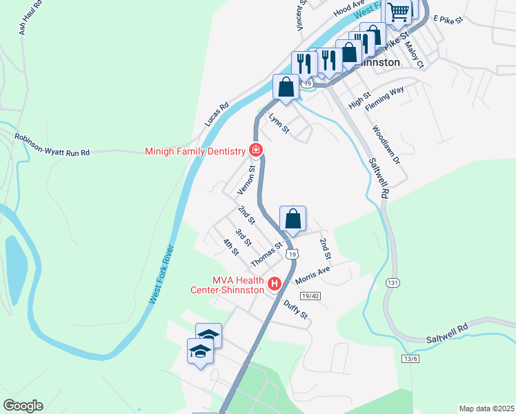 map of restaurants, bars, coffee shops, grocery stores, and more near 573 South Pike Street in Shinnston