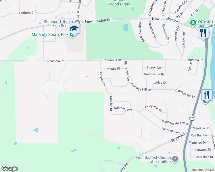 map of restaurants, bars, coffee shops, grocery stores, and more near 960 Golfview Drive in Hamilton