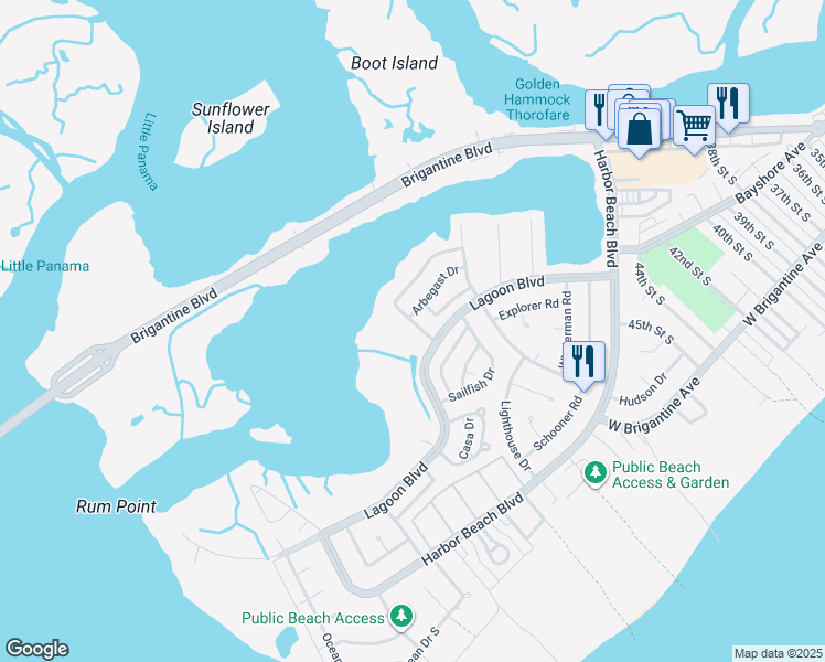 map of restaurants, bars, coffee shops, grocery stores, and more near 415 Lagoon Boulevard in Brigantine