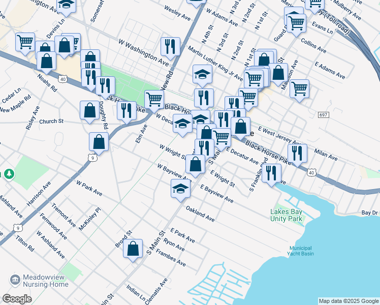 map of restaurants, bars, coffee shops, grocery stores, and more near 102 West Wright Street in Pleasantville