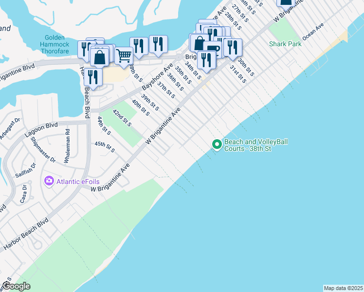 map of restaurants, bars, coffee shops, grocery stores, and more near Ocean Avenue & 40th Street South in Brigantine