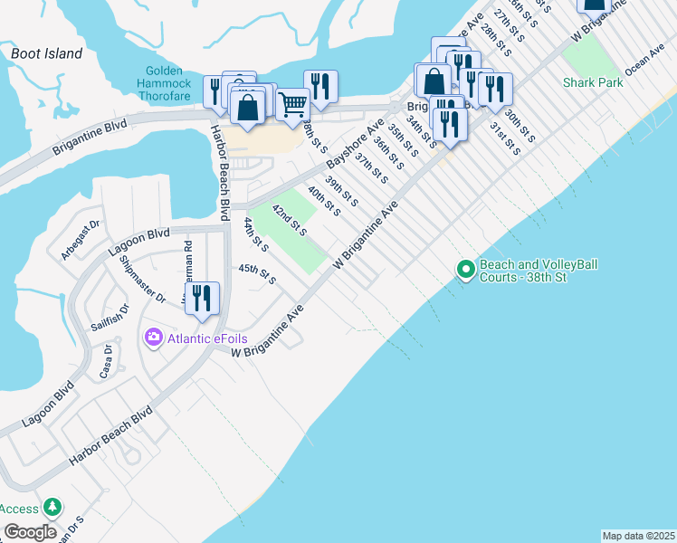 map of restaurants, bars, coffee shops, grocery stores, and more near 4200 West Brigantine Avenue in Brigantine