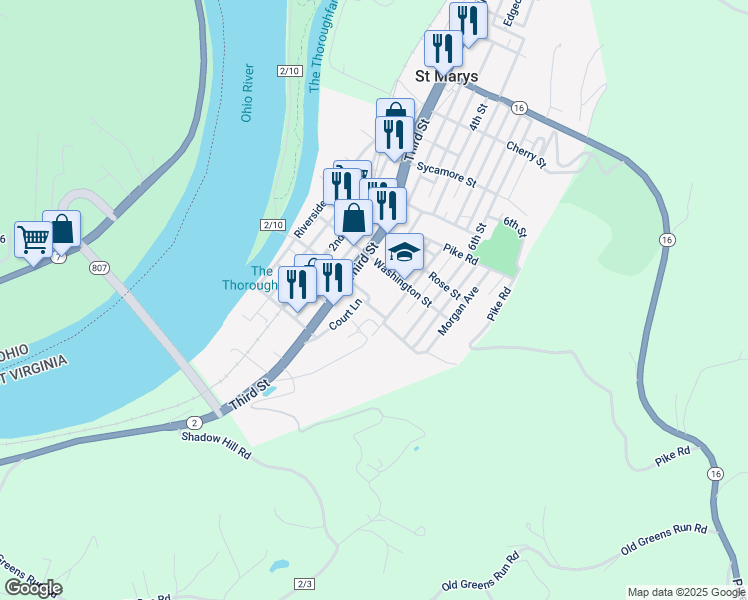 map of restaurants, bars, coffee shops, grocery stores, and more near 301 Court Lane in Saint Marys