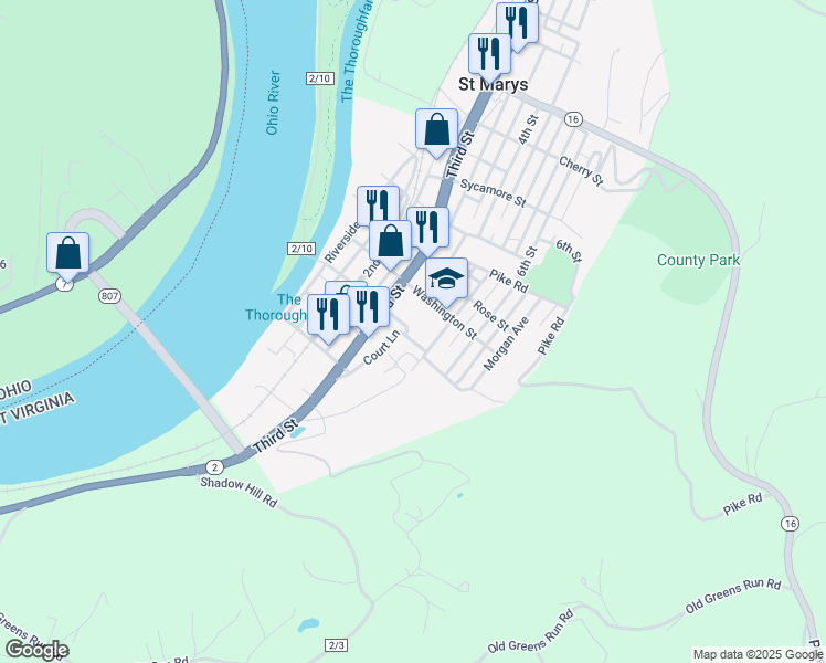 map of restaurants, bars, coffee shops, grocery stores, and more near 301 Court Lane in Saint Marys