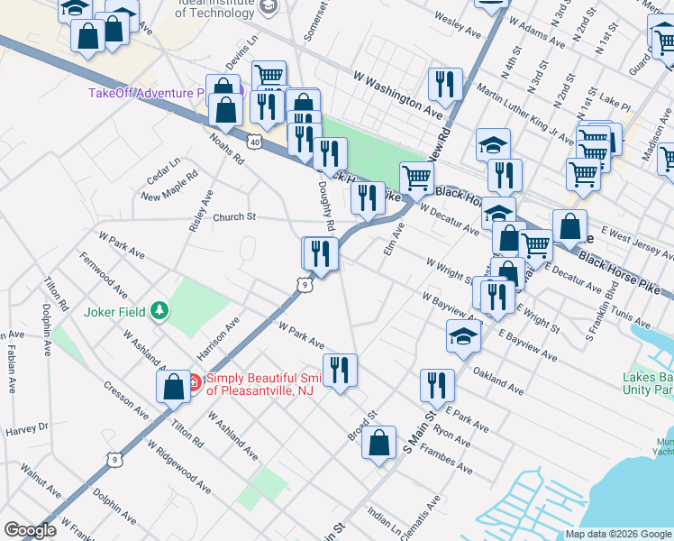 map of restaurants, bars, coffee shops, grocery stores, and more near 600 South New Road in Pleasantville