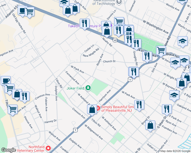map of restaurants, bars, coffee shops, grocery stores, and more near 708 West Park Avenue in Pleasantville