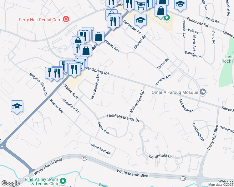 map of restaurants, bars, coffee shops, grocery stores, and more near Silver Spring Road in Perry Hall