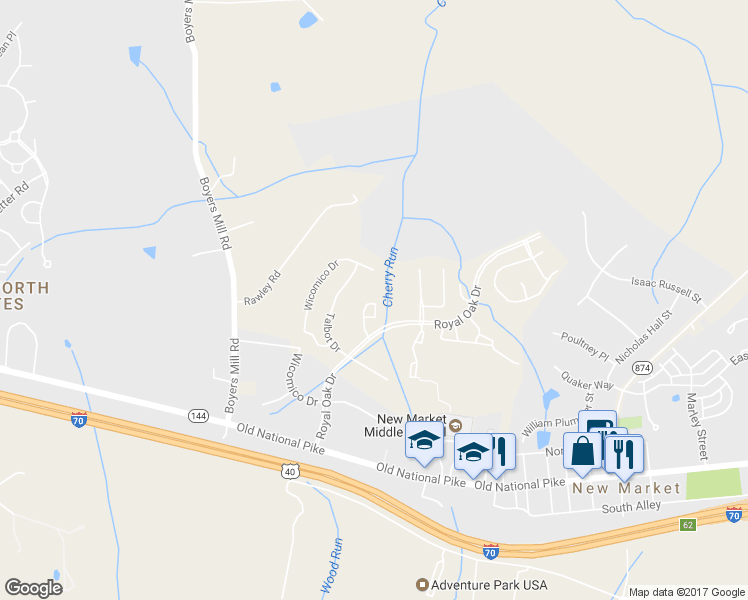map of restaurants, bars, coffee shops, grocery stores, and more near 5588 Talbot Court in New Market