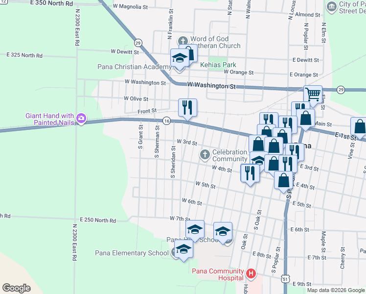 map of restaurants, bars, coffee shops, grocery stores, and more near 204 South Sheridan Street in Pana