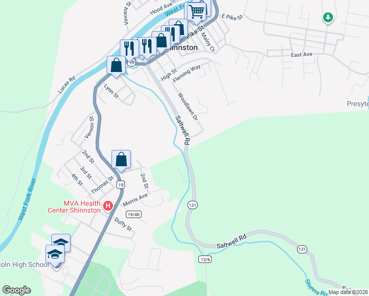 map of restaurants, bars, coffee shops, grocery stores, and more near 550 Saltwell Road in Shinnston