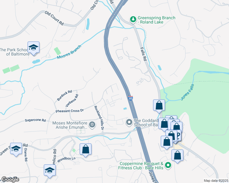 map of restaurants, bars, coffee shops, grocery stores, and more near 107 Windblown Court in Baltimore