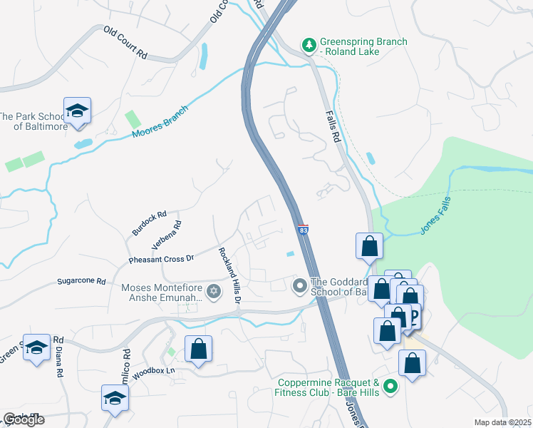 map of restaurants, bars, coffee shops, grocery stores, and more near 107 Windblown Court in Baltimore