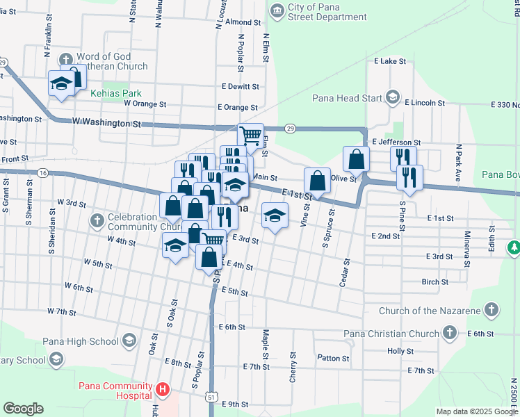 map of restaurants, bars, coffee shops, grocery stores, and more near 107 Kitchell Street in Pana