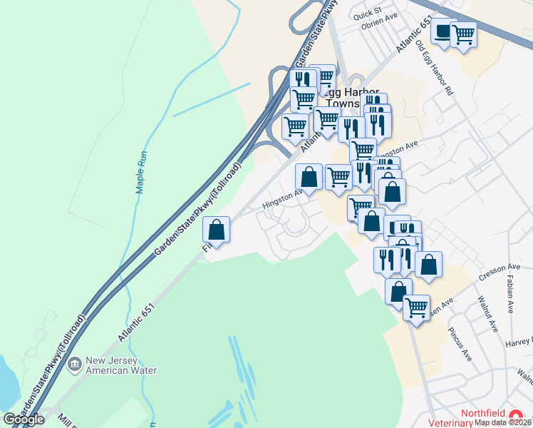 map of restaurants, bars, coffee shops, grocery stores, and more near 347 Heather Croft in Egg Harbor Township