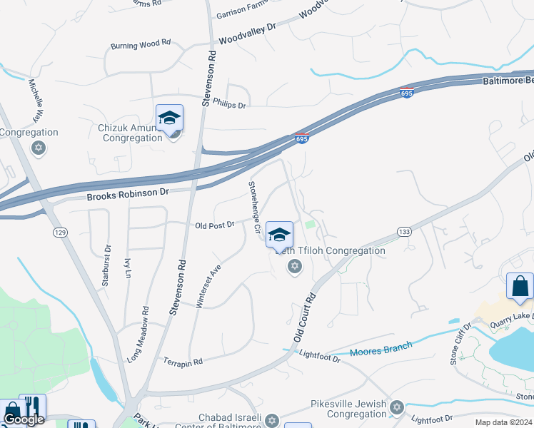 map of restaurants, bars, coffee shops, grocery stores, and more near 31 Stonehenge Circle in Pikesville