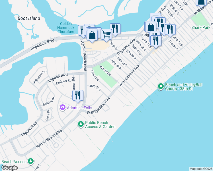 map of restaurants, bars, coffee shops, grocery stores, and more near 142 44th Street in Brigantine