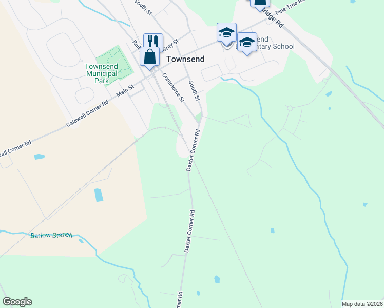 map of restaurants, bars, coffee shops, grocery stores, and more near 734 Dexter Corner Road in Townsend