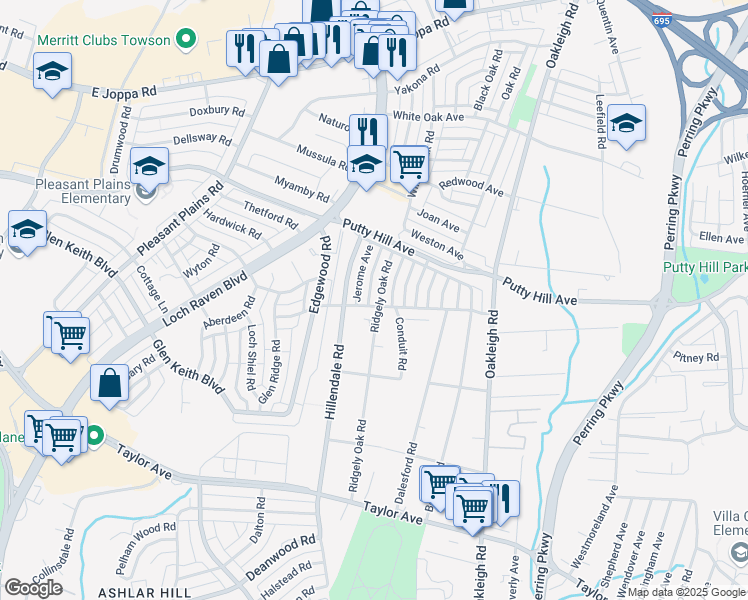 map of restaurants, bars, coffee shops, grocery stores, and more near 8303 Ridgely Oak Road in Parkville