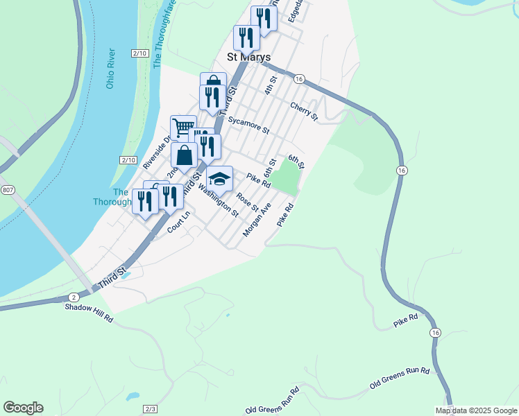 map of restaurants, bars, coffee shops, grocery stores, and more near 405 Morgan Avenue in Saint Marys