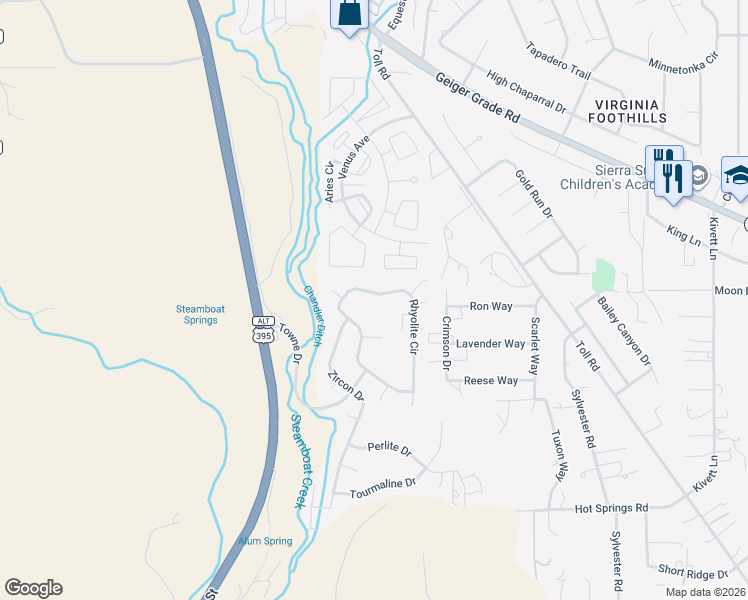 map of restaurants, bars, coffee shops, grocery stores, and more near 16290 Rhyolite Circle in Reno