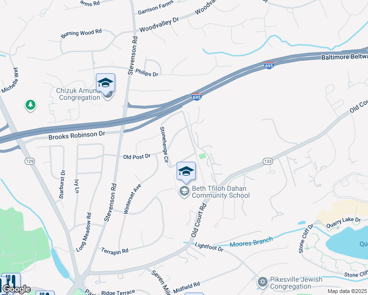 map of restaurants, bars, coffee shops, grocery stores, and more near 31 Stonehenge Circle in Pikesville