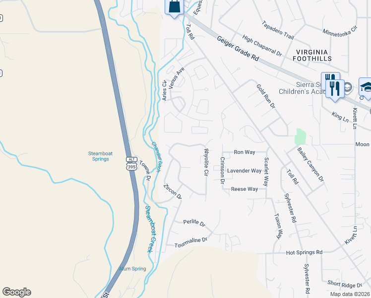 map of restaurants, bars, coffee shops, grocery stores, and more near 16290 Rhyolite Circle in Reno