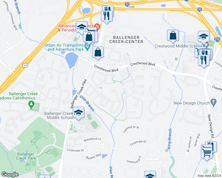 map of restaurants, bars, coffee shops, grocery stores, and more near 5754 Charstone Court in Frederick