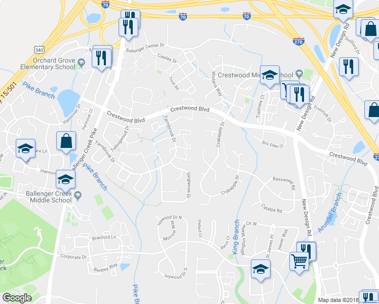 map of restaurants, bars, coffee shops, grocery stores, and more near 6821 Yellow Sheave Court in Frederick