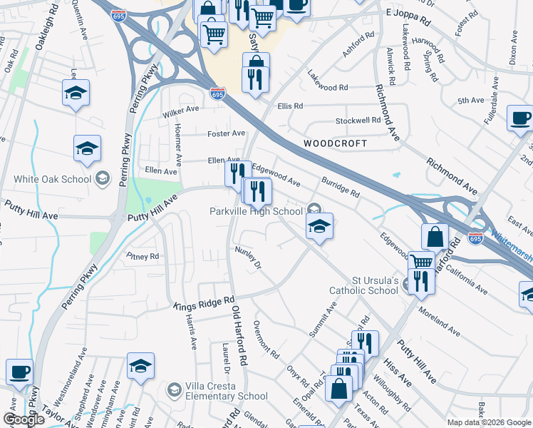 map of restaurants, bars, coffee shops, grocery stores, and more near Putty Hill Avenue in Parkville