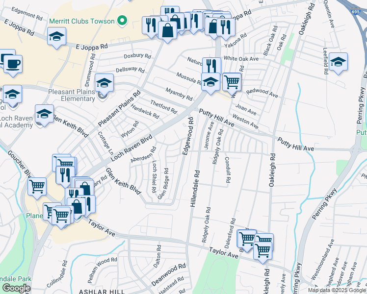 map of restaurants, bars, coffee shops, grocery stores, and more near 1733 Edgewood Road in Parkville