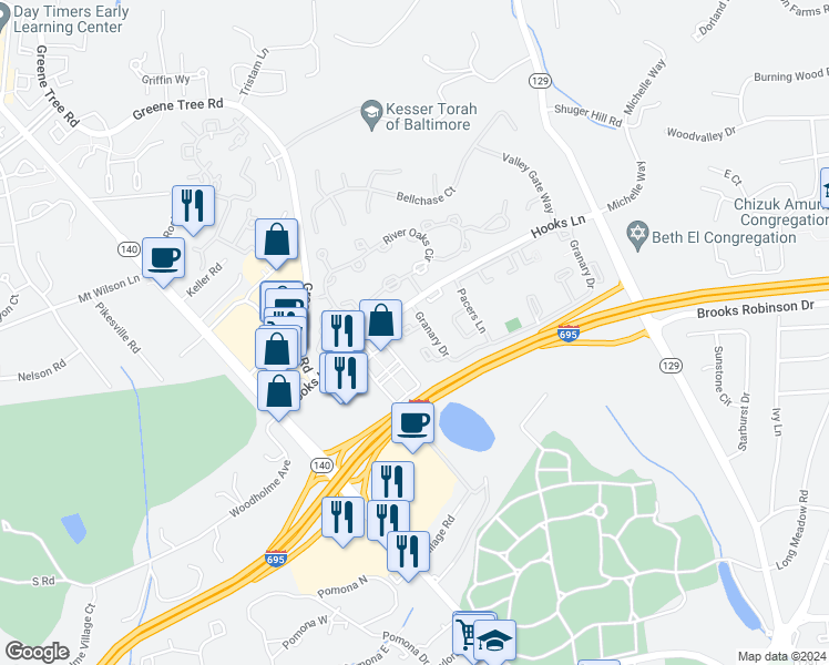 map of restaurants, bars, coffee shops, grocery stores, and more near 1 Harness Court in Pikesville