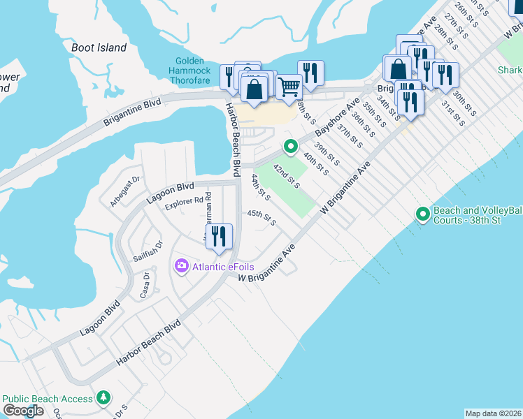 map of restaurants, bars, coffee shops, grocery stores, and more near 113 45th Street South in Brigantine