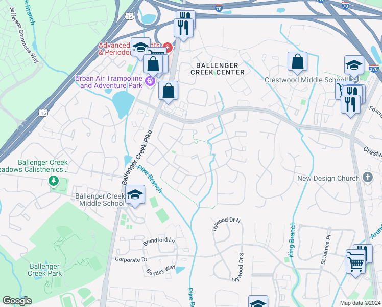 map of restaurants, bars, coffee shops, grocery stores, and more near 5754 Charstone Court in Frederick