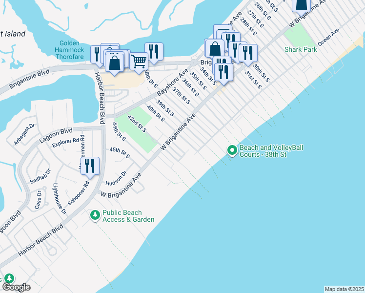 map of restaurants, bars, coffee shops, grocery stores, and more near 335 42nd Street South in Brigantine