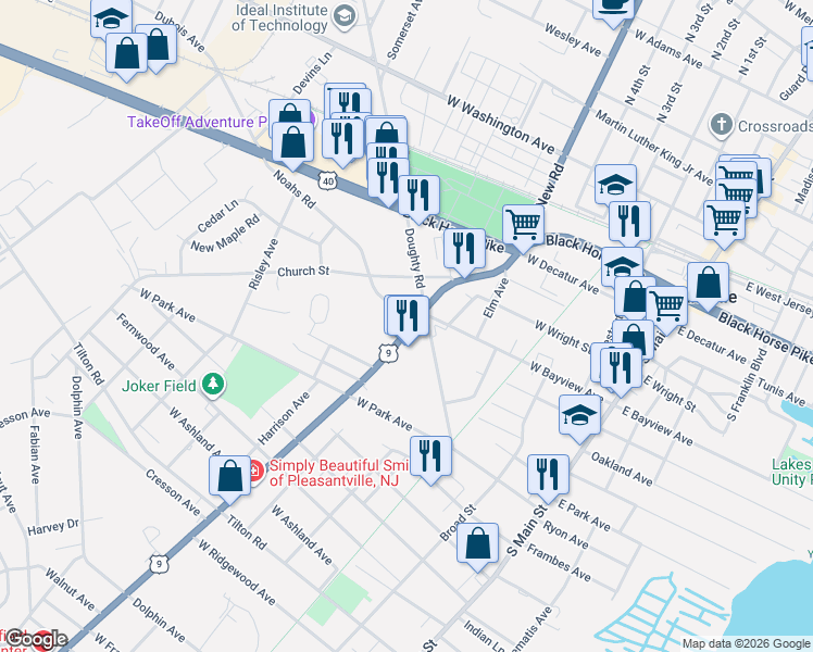 map of restaurants, bars, coffee shops, grocery stores, and more near 600 South New Road in Pleasantville